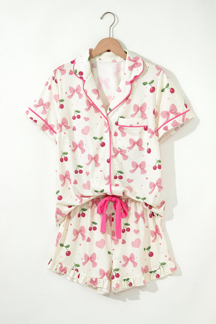 Beige Bow Fruit Print Contrast Pipping Short Pajamas Set