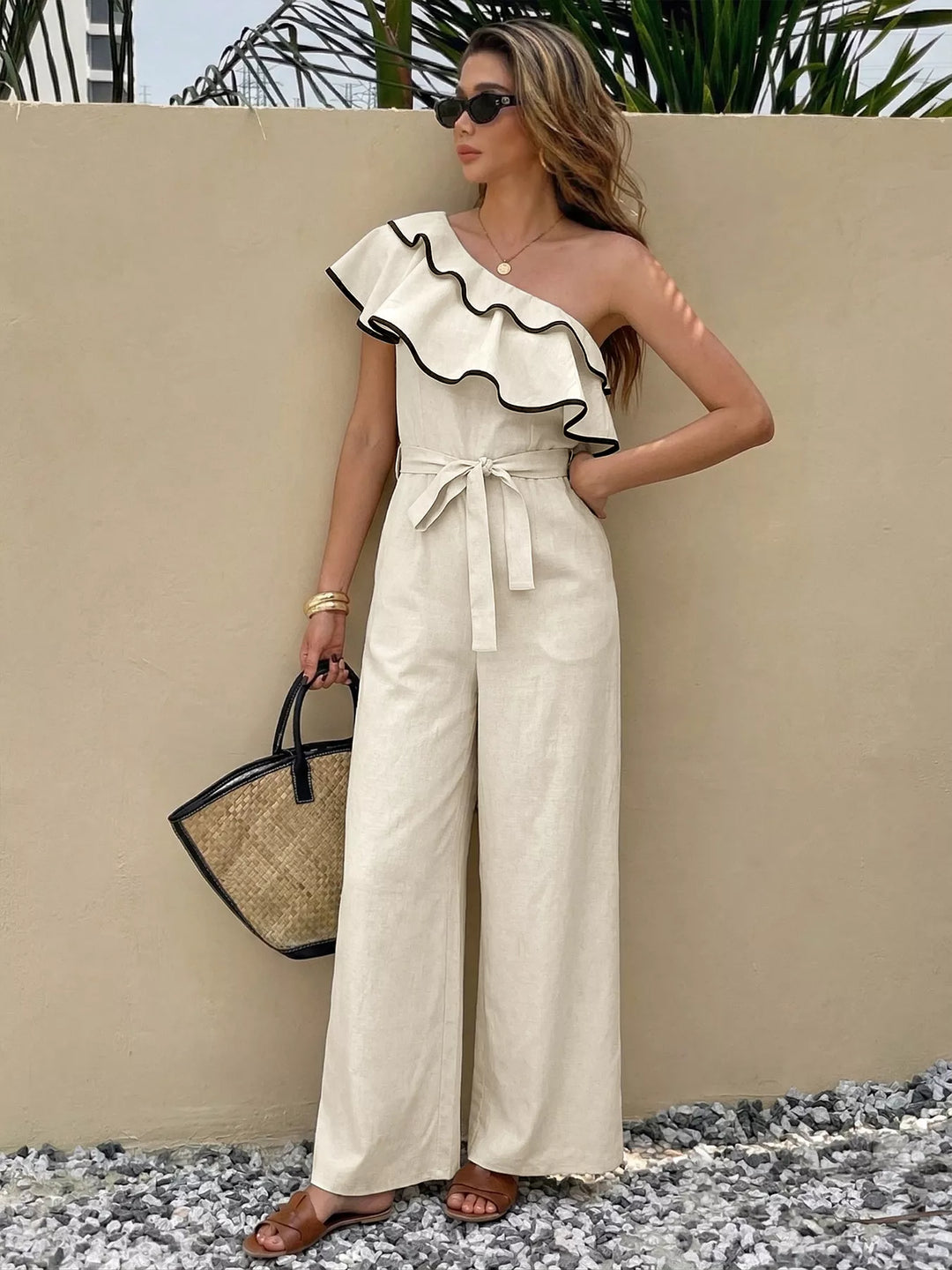 Ruffle One-Shoulder Wide Leg Jumpsuit