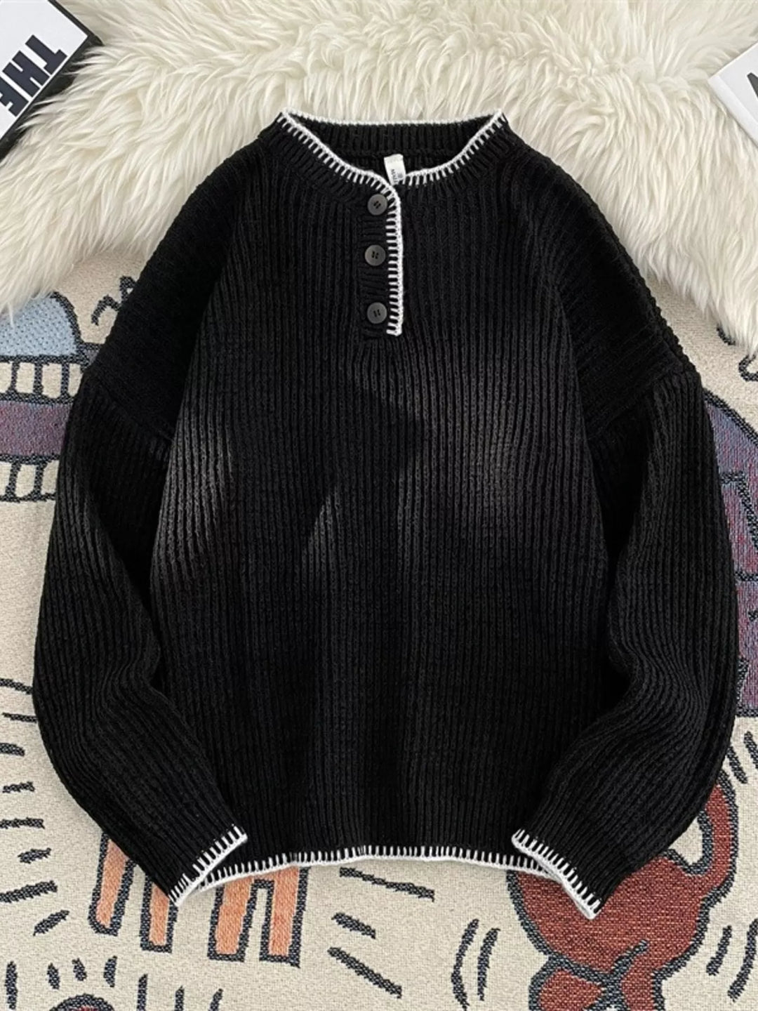 Men's Plus Size Ribbed Knit Pullover with Button Detail