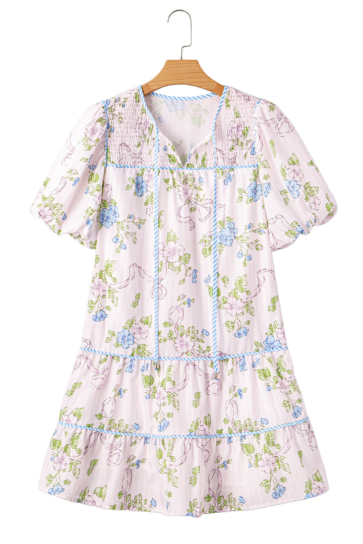 Pink Floral Striped Print Contrast Trim Tie Split Neck Mini Dress
