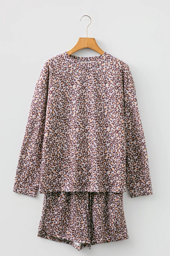 Leopard Ribbed Long Sleeve Top Drawstring Shorts 2pcs Outfit