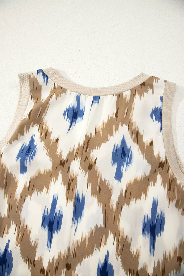 Abstract Print V Neck Sleeveless Midi Dress