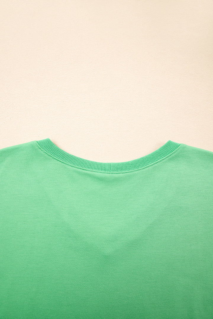 Mint Green V Neck Drop Shoulder Tee and Patchwork Drawstring Shorts Set