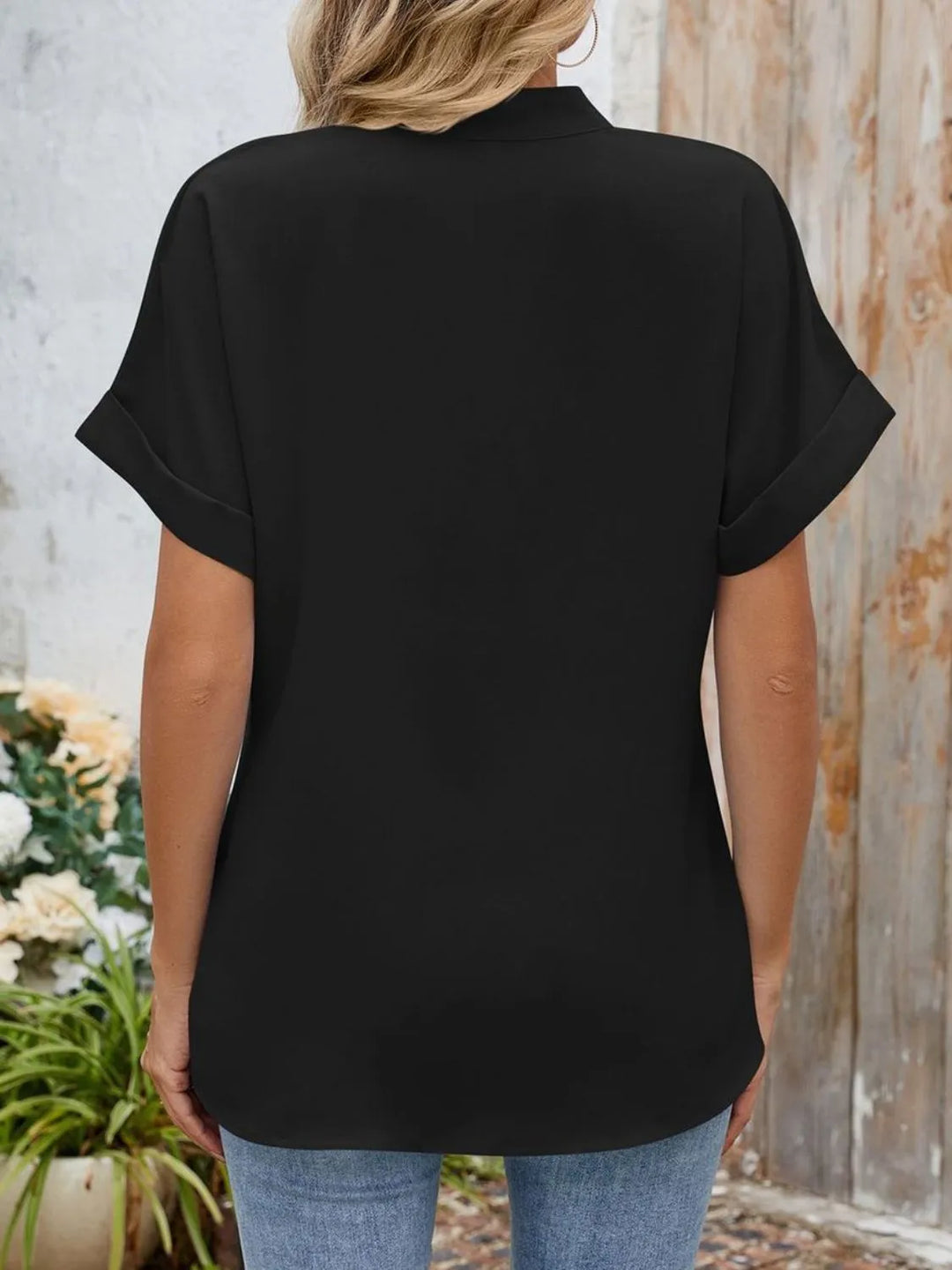 Notched Short Sleeve Blouse