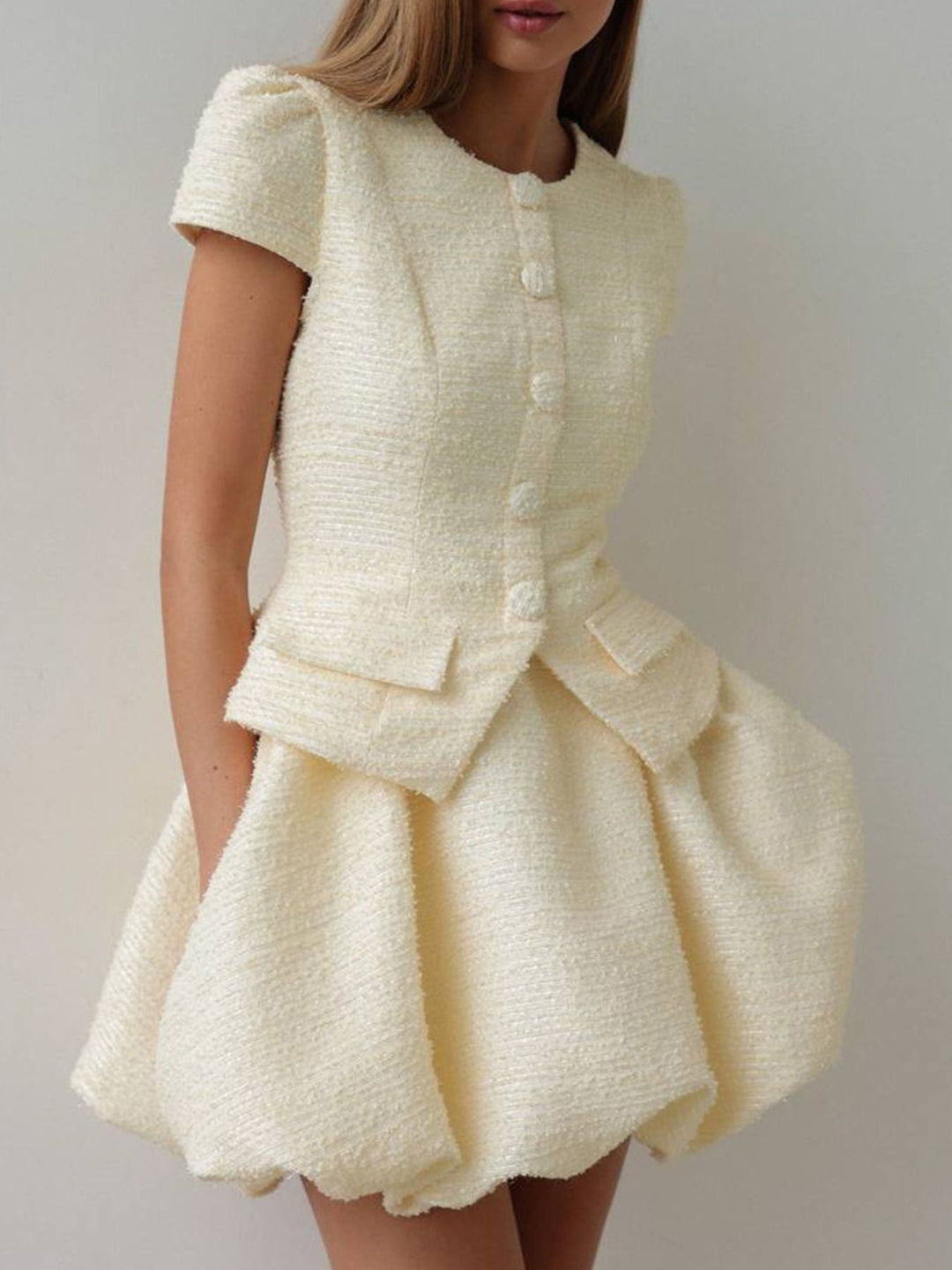 Button Up Short Sleeve Top and Bubble Hem Skirt Set