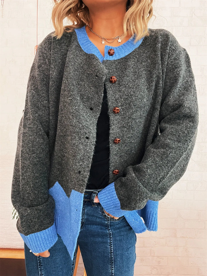 Button-Front Contrast Trim Cardigan