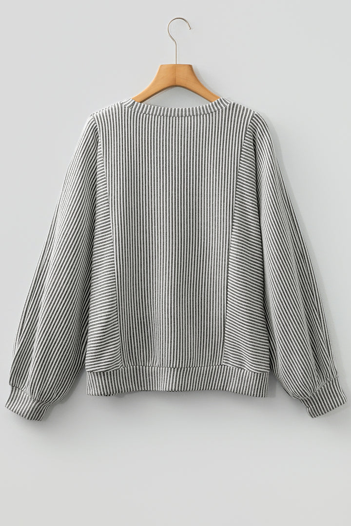 Gray Ribbed Knit Round Neck Long Lantern Sleeve Top