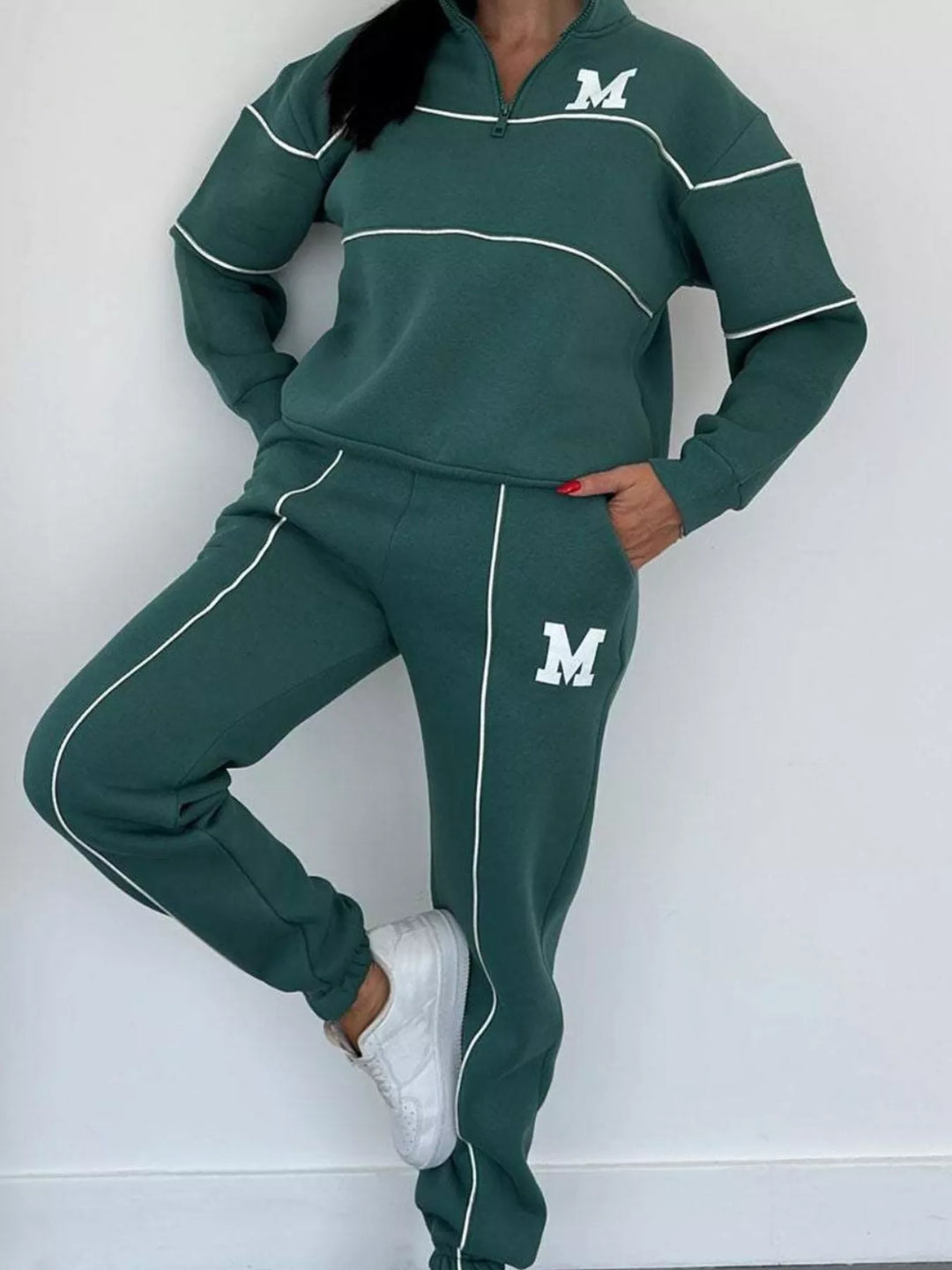Full Size Striped Quarter Zip Top and Pants Set Plus Size