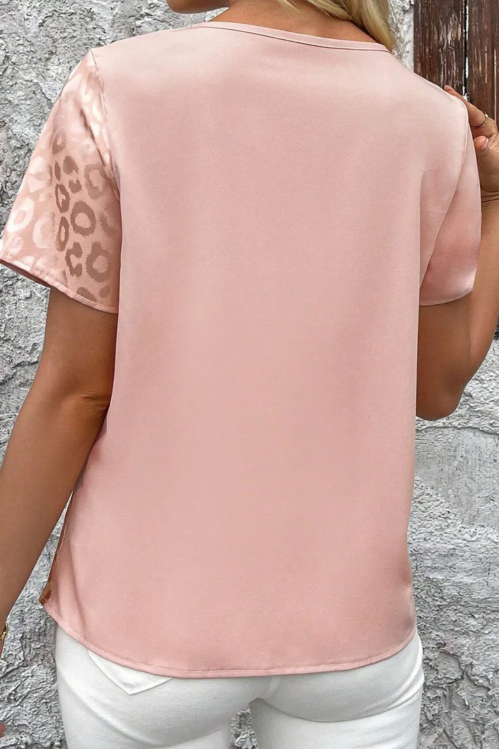 Leopard Jacquard Patchwork Crisscross V Neck Short Sleeve Blouse