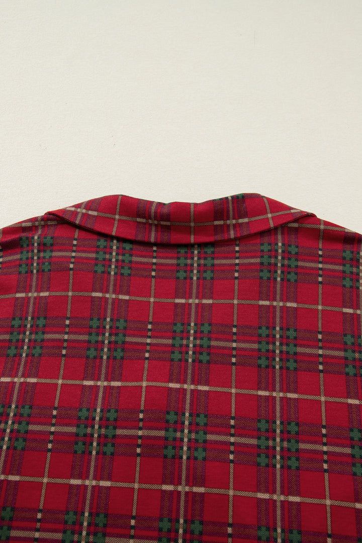 Red Plus Size Plaid Short Sleeve Shirt Loose Pants 2pcs Pajama Set