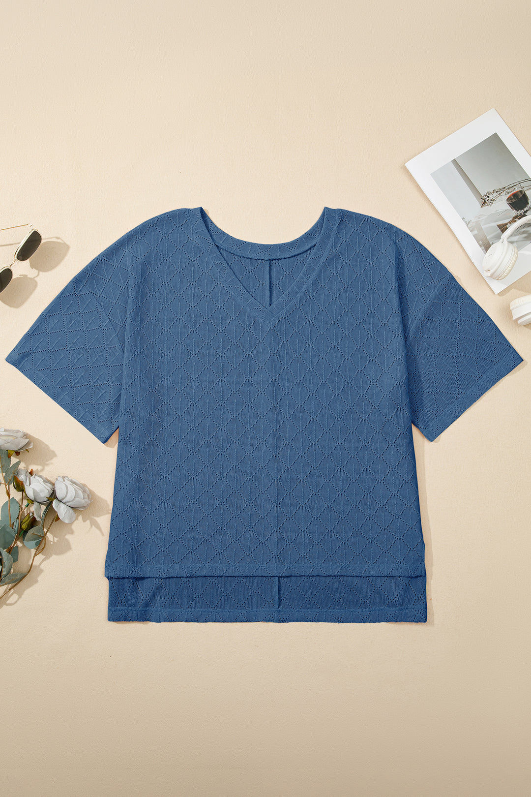 Sky Blue Pointelle Rhombus Knit Plus Size V Neck Loose Top