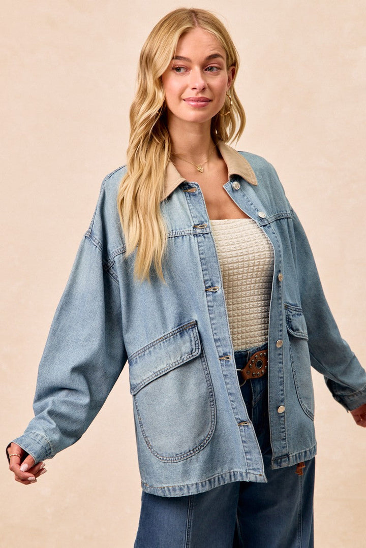BiBi Washed Denim Jacket with Contrast Collar Detail