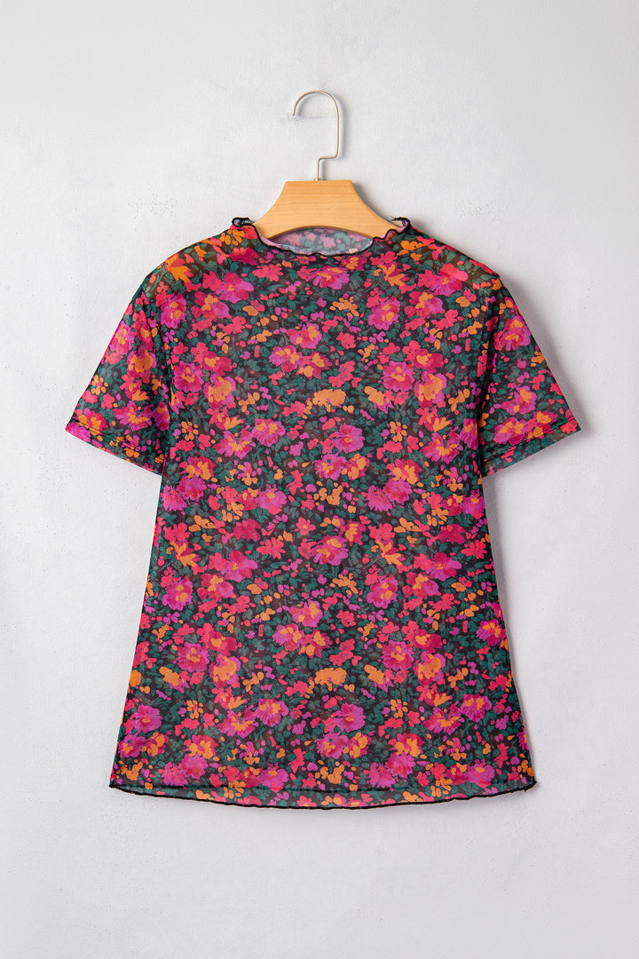 Rose Retro Floral Printed Mesh Short Sleeve Top