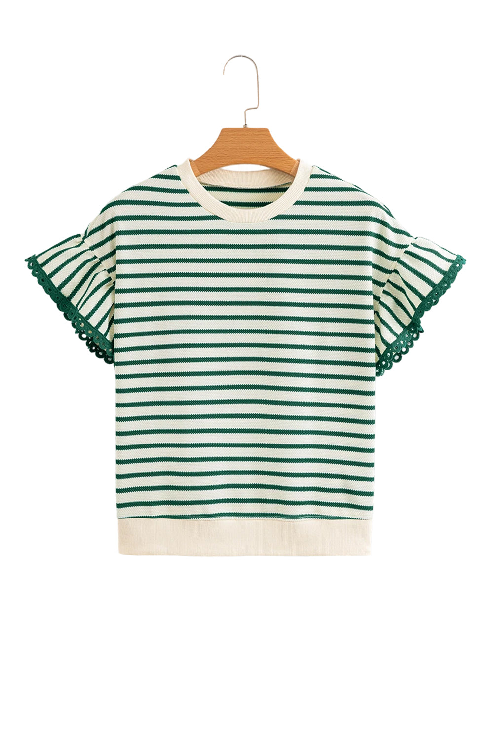 Green Stripe Scallop Lace Trim Ruffle Short Sleeves Crewneck Top