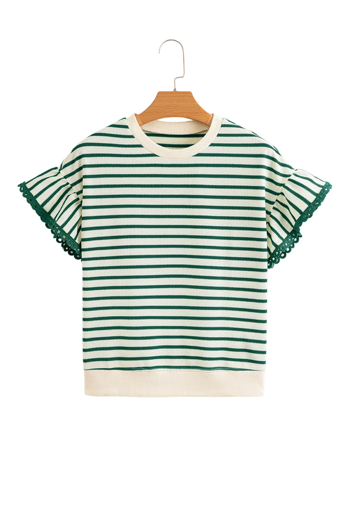 Green Stripe Scallop Lace Trim Ruffle Short Sleeves Crewneck Top