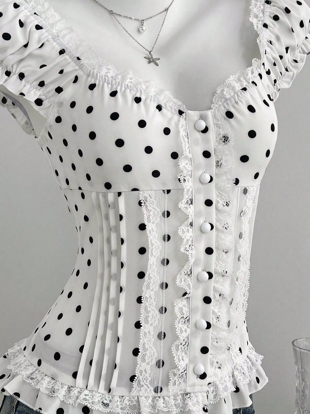 Polka Dot Lace Trim Cap Sleeve Blouse