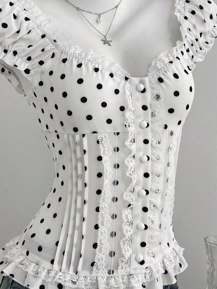Polka Dot Lace Trim Cap Sleeve Blouse