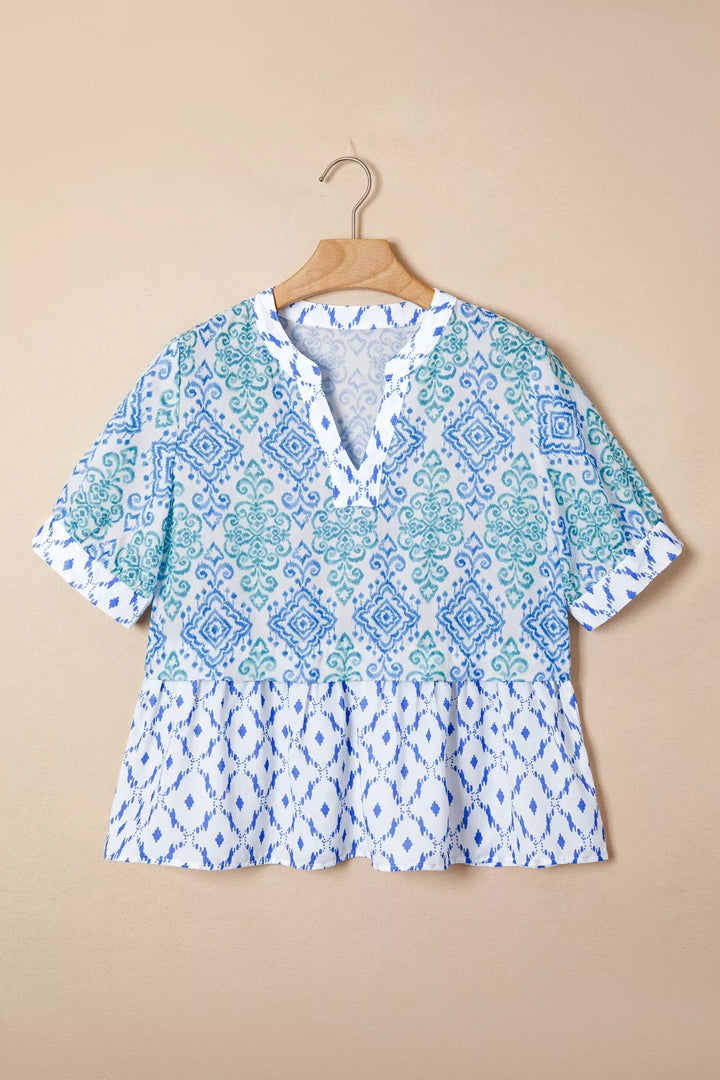 Floral Geometric Patchwork Short Puff Sleeve Babydoll Blouse