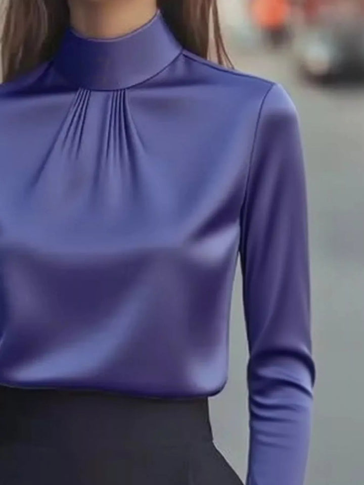 Mock Neck Long Sleeve Blouse with Pleated Detail
