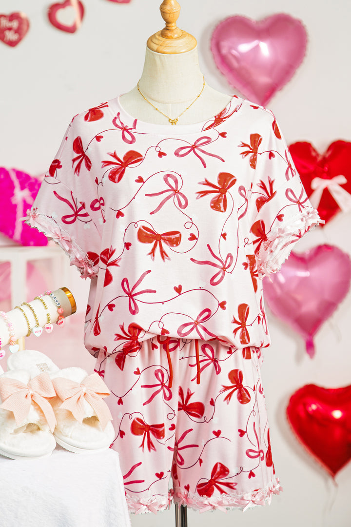 Red Romantic Bow Print Loose Tee Drawstring Shorts 2pcs Lounge Set