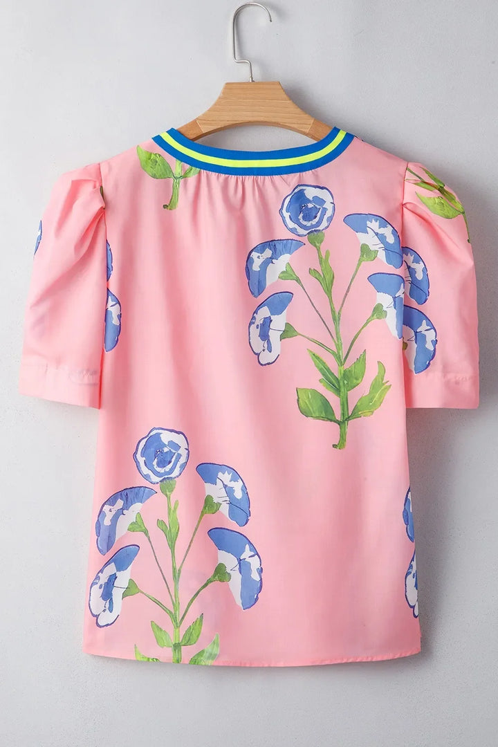 Printed Notched Puff Sleeve Blouse