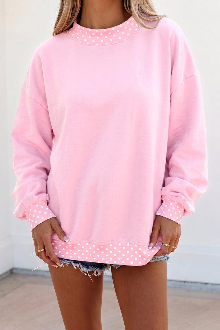 Brown Colorblock Polka Dot Contrast Trim Oversized Sweatshirt