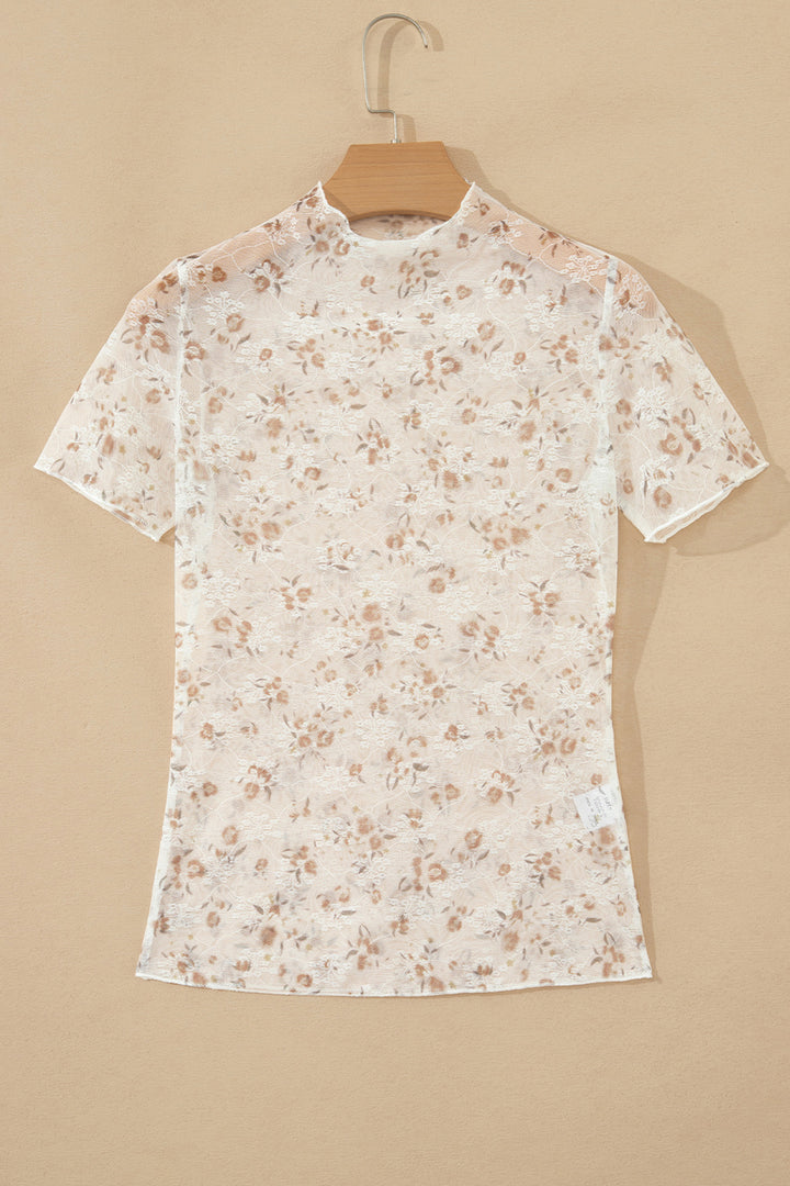 White Mock Neck Short Sleeve Floral Mesh Top