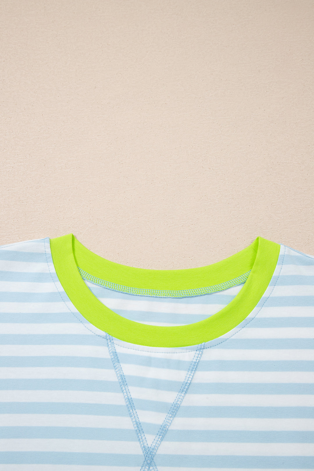 Sky Blue Stripe Contrast Neck Loose Tee and Drawstring Shorts Set