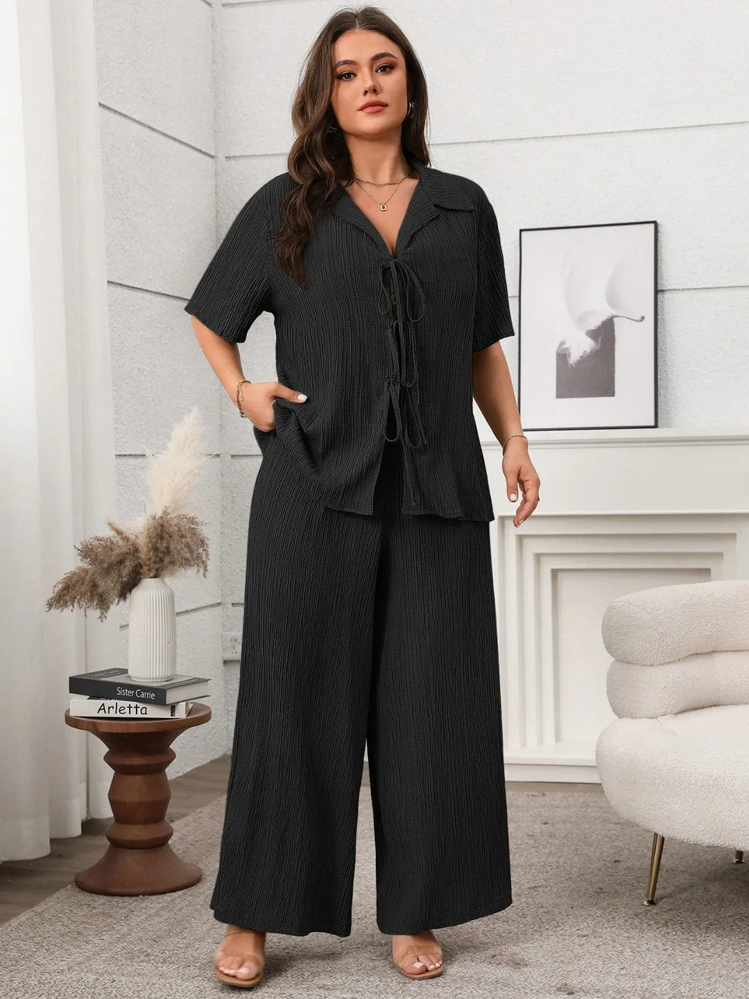 Plus Size Tie Front Short Sleeve Top and Pants Set