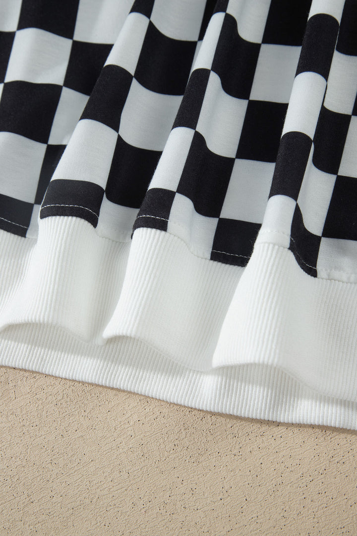 Black Checkered Print Color Block Trim Mock Neck Short Set