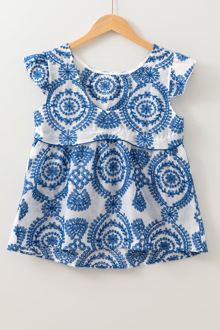 Blue Boho Print Flutter Sleeve Crew Neck Blouse