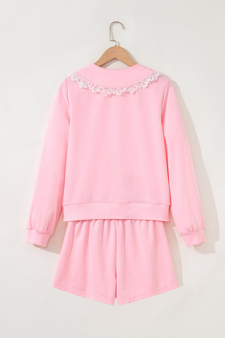 Pink Peter Pan Lace Embellished Neck Collision Sweatshirt and Skirt Two Piece Set