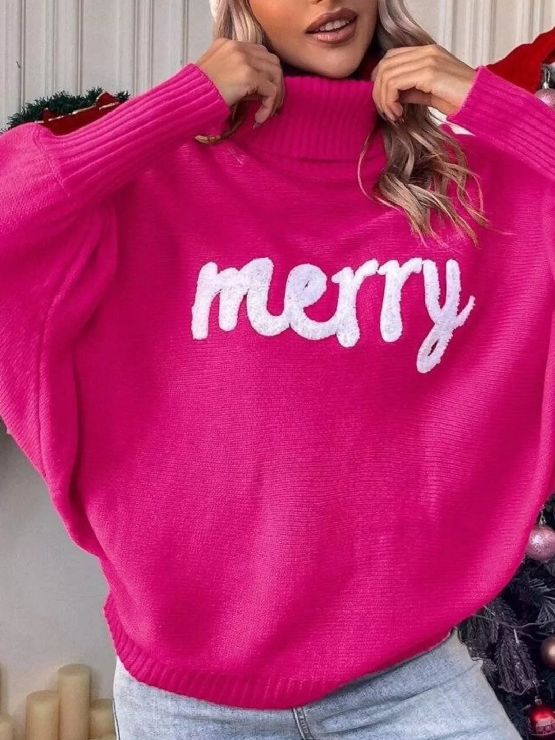 Merry Turtleneck Long Sleeve Christmas Sweater