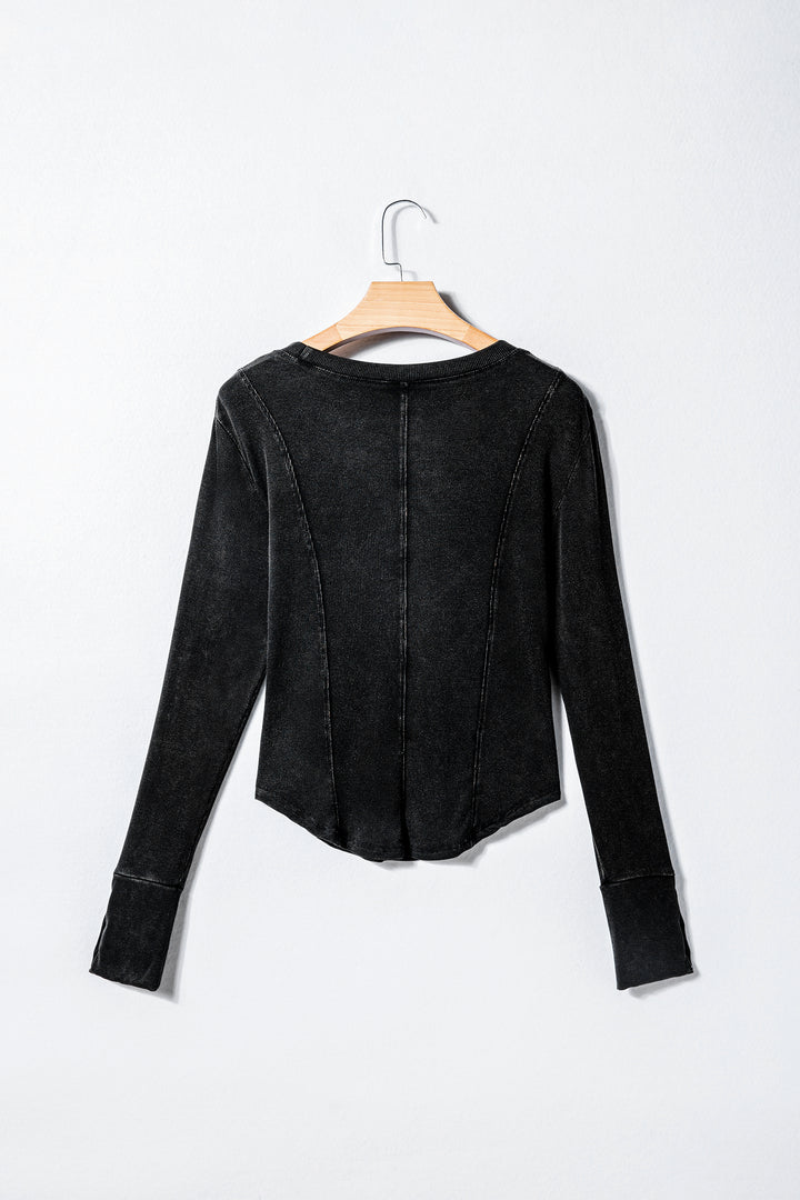Black Exposed Seam Ribbed Long Sleeve Top