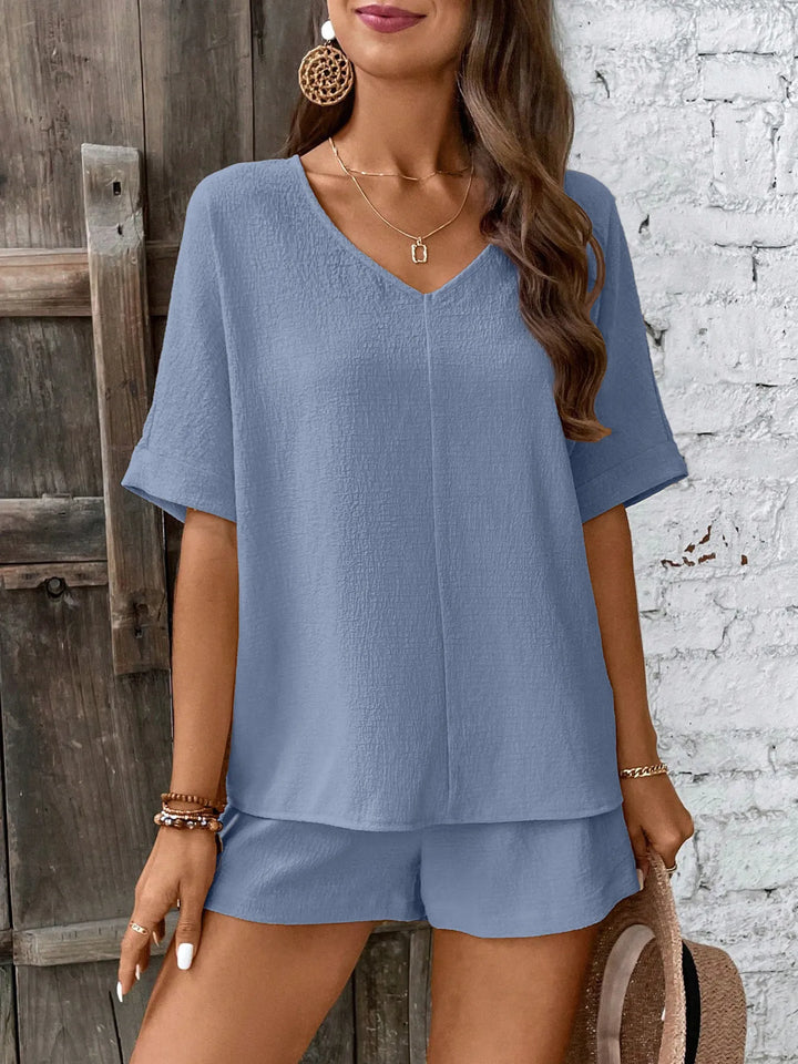 Relaxed Fit V-Neck Top and Shorts Two-Piece Set