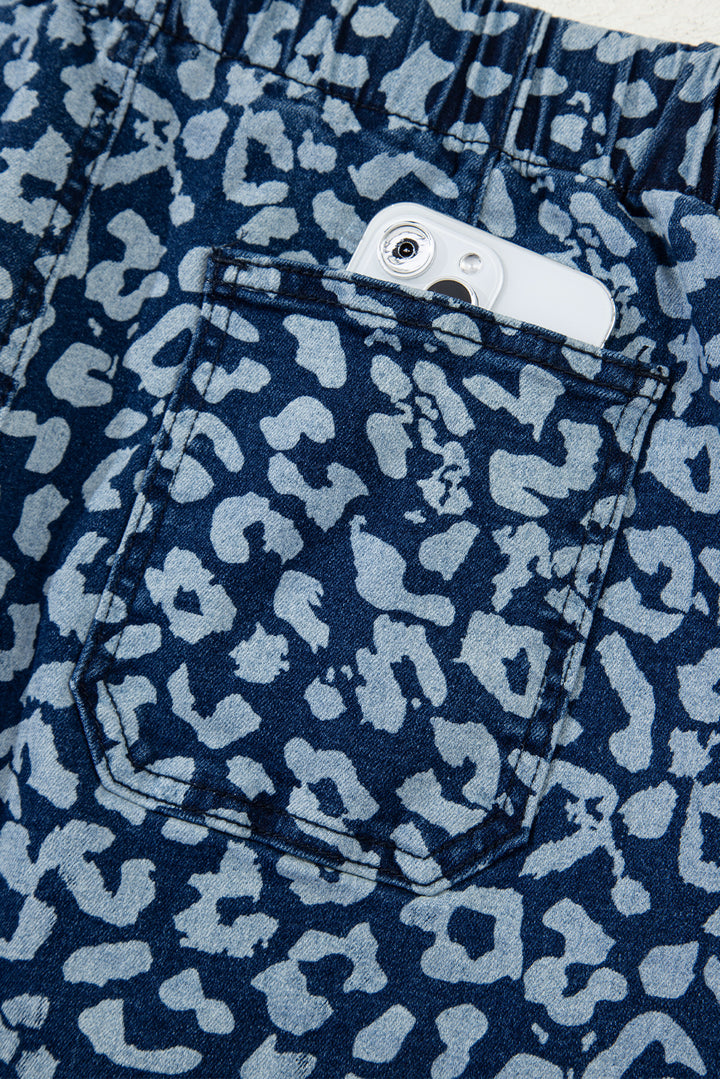 Blue Leopard Printed Drawstring Elastic Waistband Pocketed Wide Leg Jeans