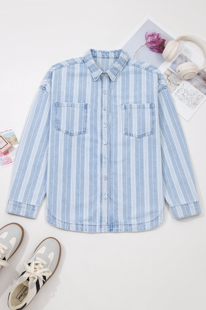 Sky Blue Stripe Boyfriend Chest Pocket Classic Denim Shacket