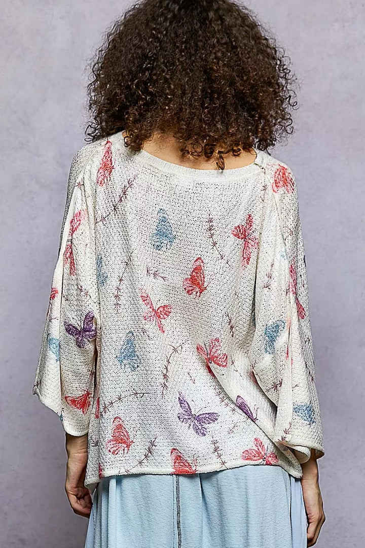 POL Butterflies Pattern Round Neck knit Top with Outseam Rolling Edge