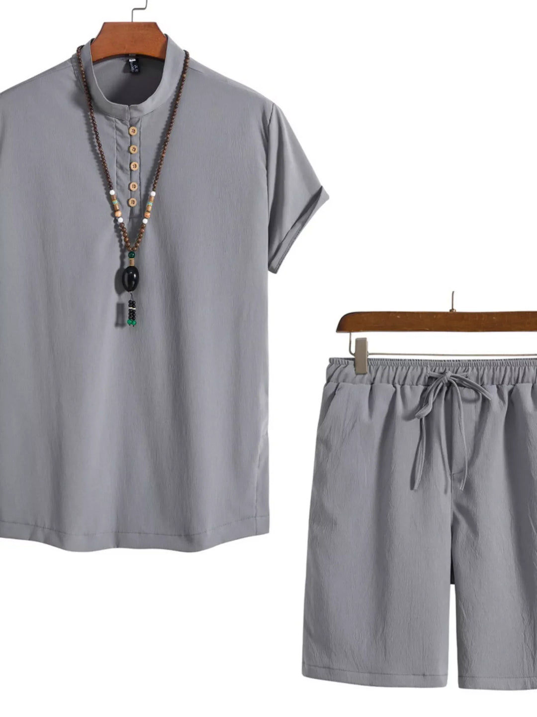 Men's Plus Size Casual Mandarin Collar Short Sleeve Shirt and Shorts Set