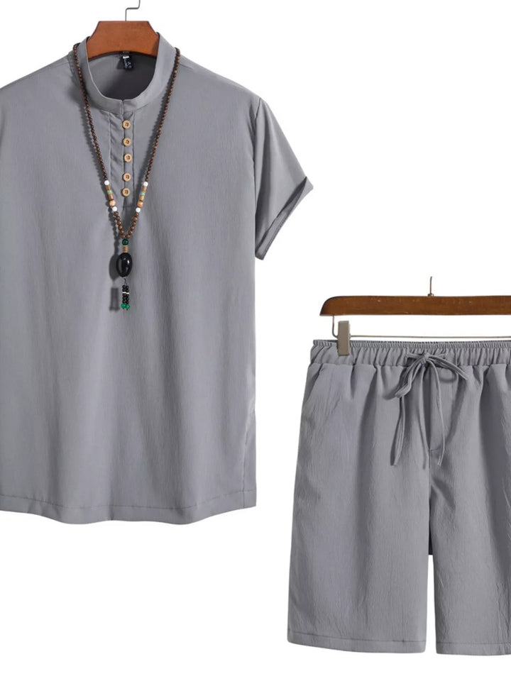 Men's Plus Size Casual Mandarin Collar Short Sleeve Shirt and Shorts Set