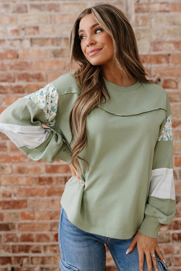 Laurel Green Floral Plaid Mixed Sleeve Raw Edge Relaxed French Terry Top