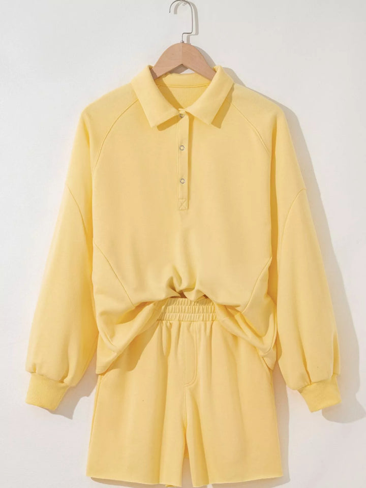 Button Collar Drop Shoulder Top and Shorts 2pcs Set