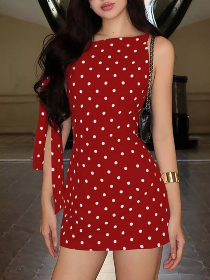 Polka Dot Sleeveless Mini Dress with Bow Accents
