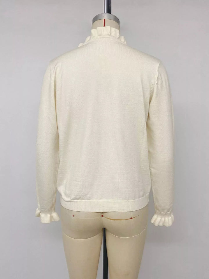 Ruffle Trim Pearl Button V-Neck Knit Top