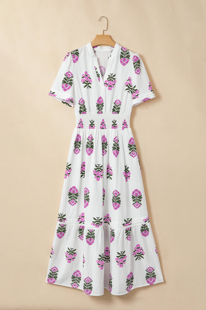 White Floral Print Split Neck Shirred High Waist Ruffle Hem Maxi Dress