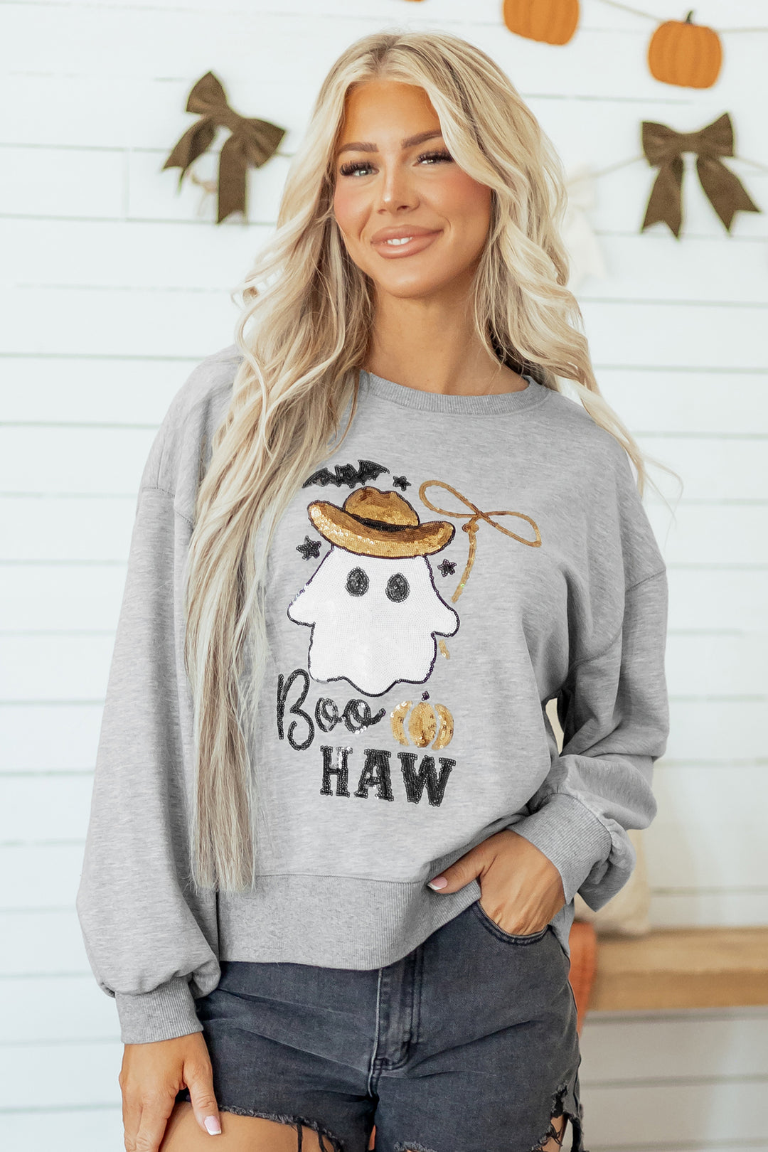 Medium Grey Sequin Western Ghost Print Long Sleeve Round Neck Sweatshirt