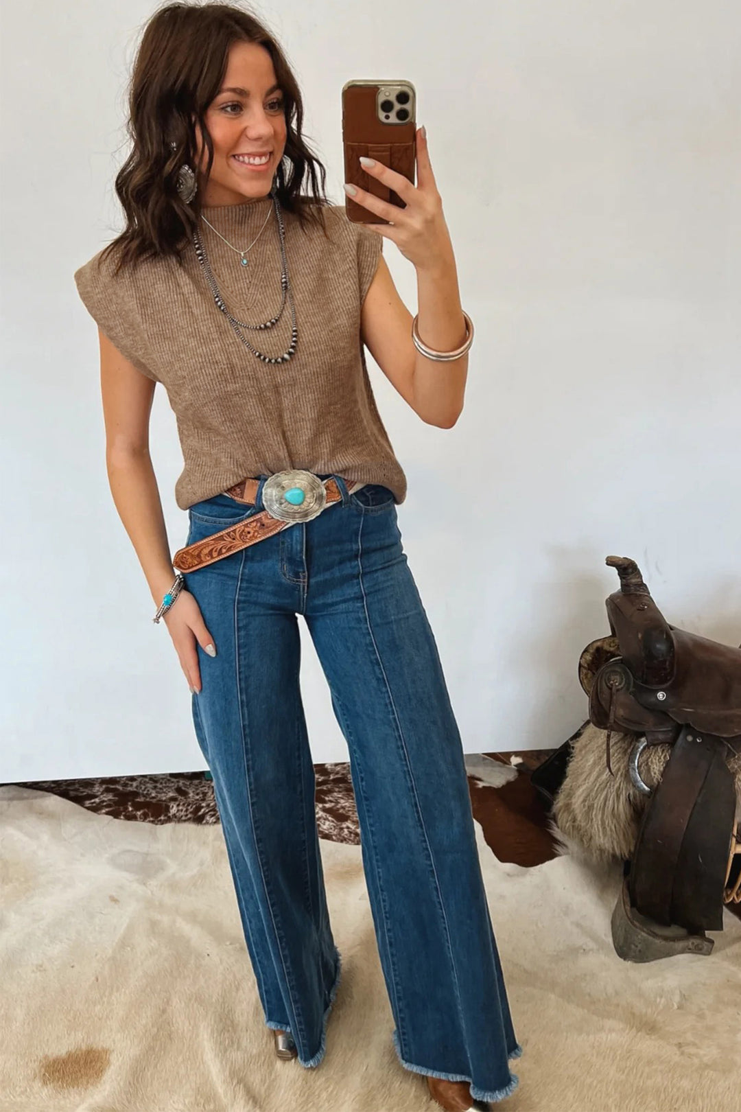Light French Beige Solid Color Ribbed Knit Mock Neck Loose Sleeveless Sweater