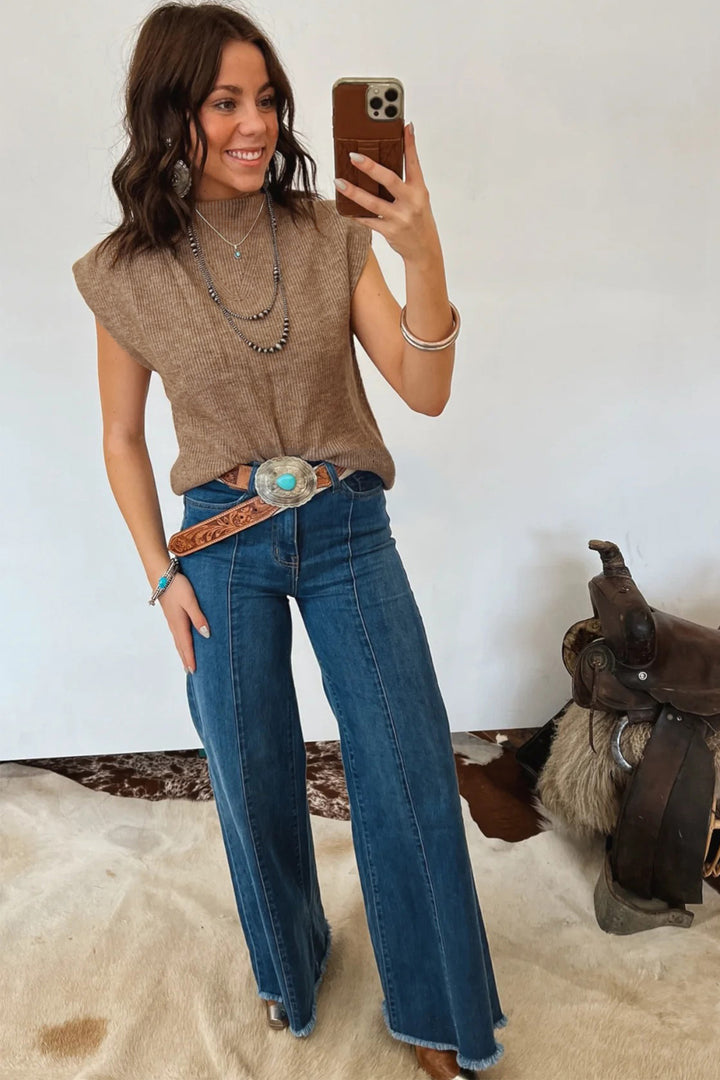 Light French Beige Solid Color Ribbed Knit Mock Neck Loose Sleeveless Sweater