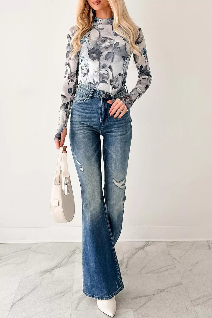 Floral Mesh High Neck Long Sleeve Sheath Top