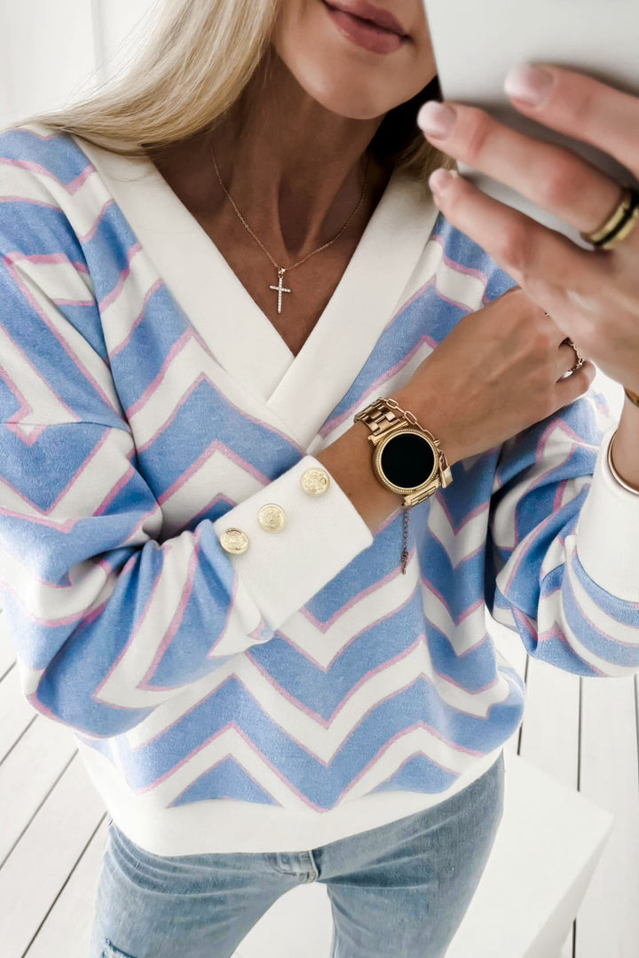 Haut oversize à col en V et imprimé rayures zigzag bleu ciel